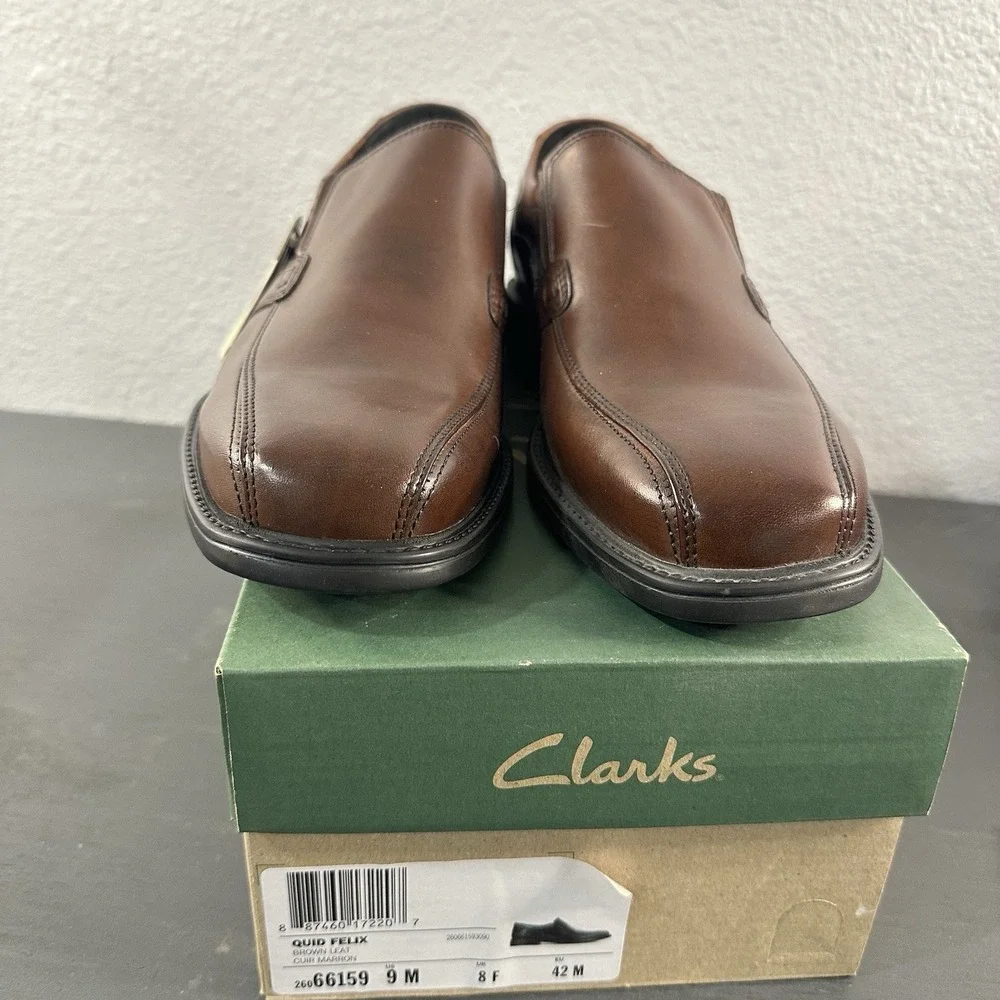 Clarks Mens Quid Felix Brown‎ Leather Slip On Dress Loafers Shoes Size 9M- NIB